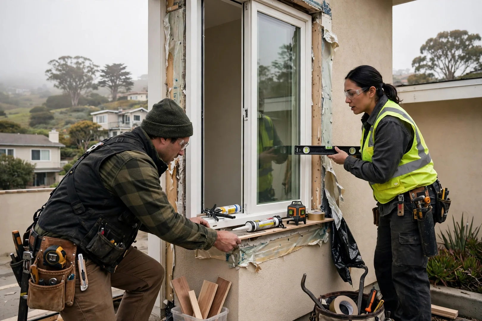 Crew setting and shimming a replacement window in a residential wall